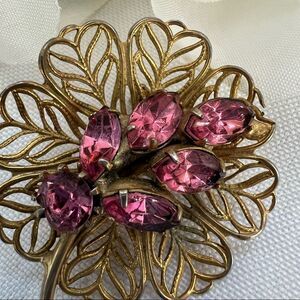 Vintage Marquise Cut Pink Stone Gold Tone Flower Brooch